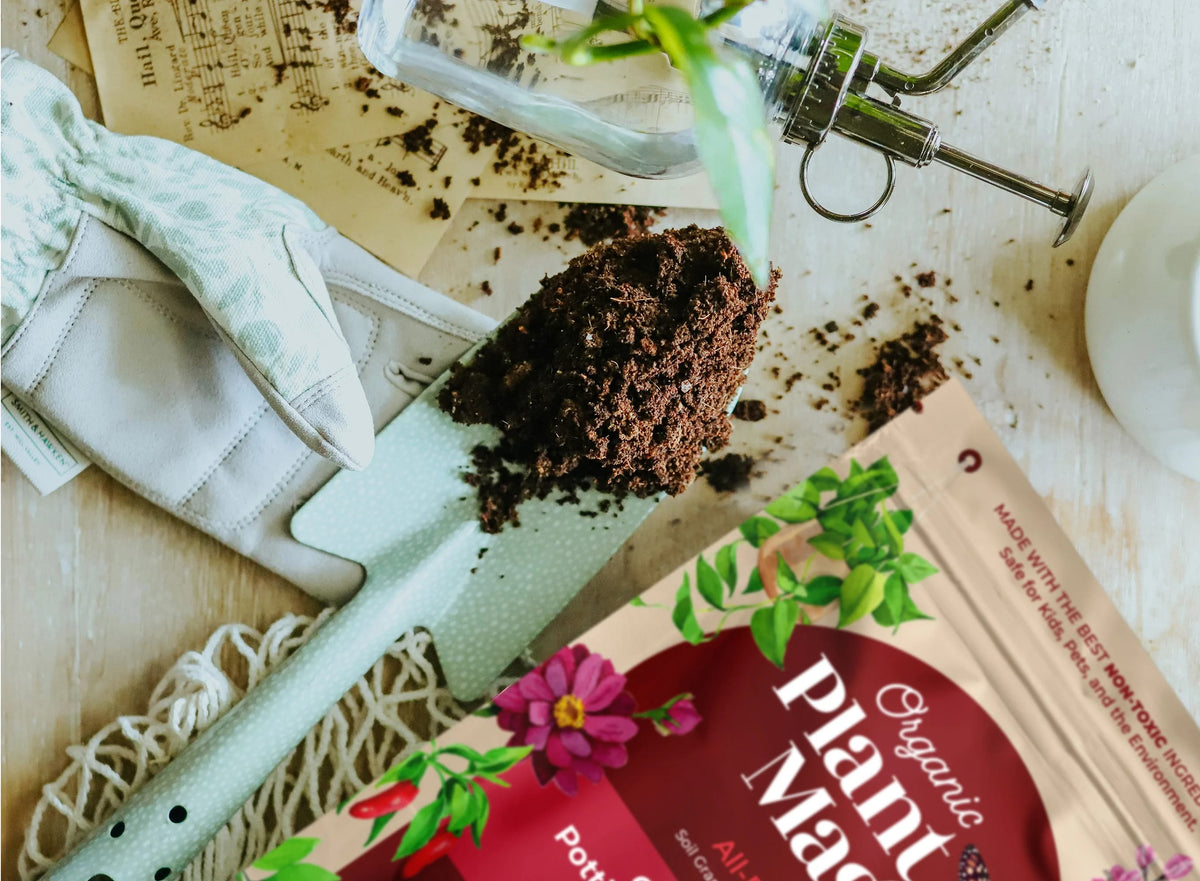 A shovel full of organic compressed soil ready to be added to indoor potted plants